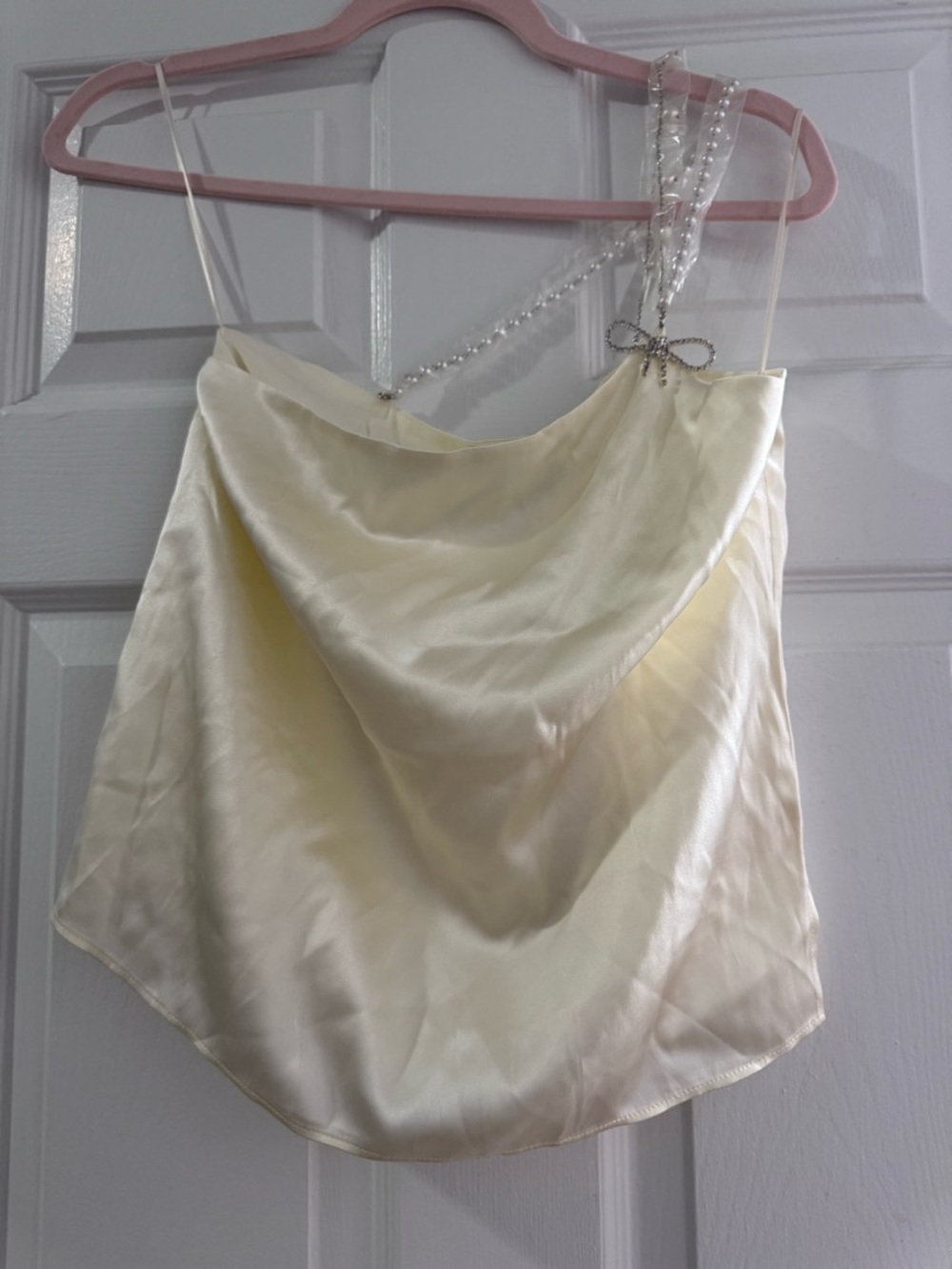 Cami NYC Ivory Satin Cowl Tank with Pearl Ribbon Strap